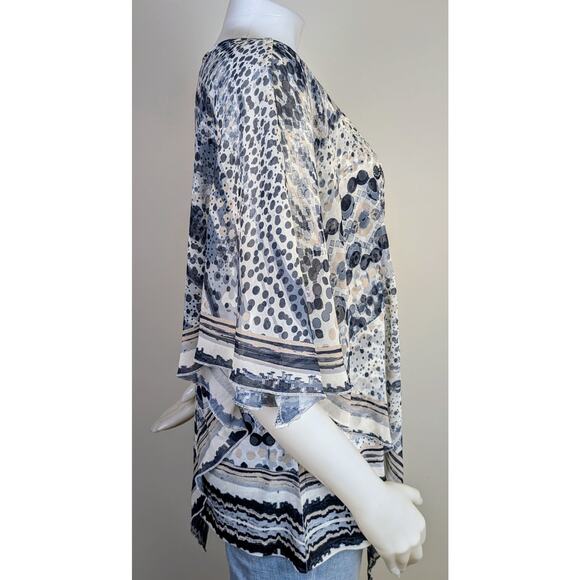 One World Top Blouse XL Gray Mixed Print Sheer Layered Scarf Flutter Sleeve - Picture 5 of 12
